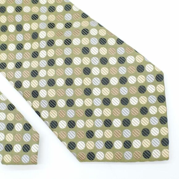 Geoffrey Beene Stain Resistant Green Black Tan Polka Dot Woven Wide‎ Silk Tie - Picture 1 of 7